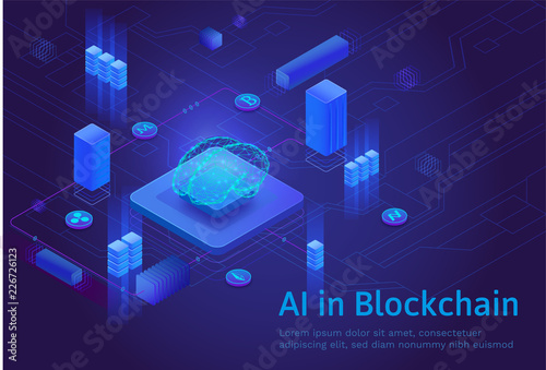 Artificial intelligence in blockchain, isometric 3d landing page with server and digital money icons, future technolodgy and virtual cryptocurrency payment concept, vector illustration