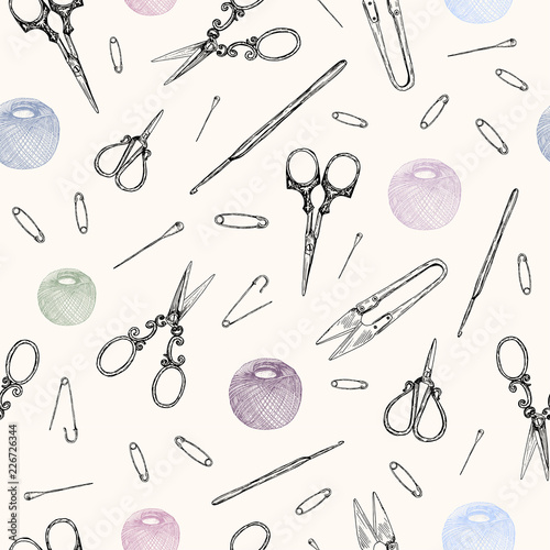 Vector illustration. Seamless pattern. Handmade equipment, knitting and crochet . Hand drawn design elements.