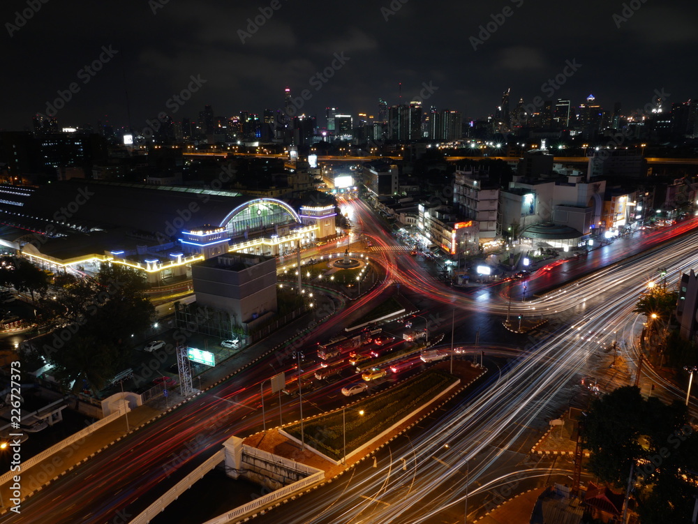 Night light traffic view and citi around at Bangkok train station (HUA LUMPONG).
