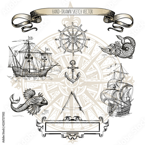 Set of decorative elements for the design of an old geographical map. Ancient caravel, sea monsters, anchor, ship's wheel, compass-meter, wind rose, framework for inscriptions, cartouche. © Shalyapina