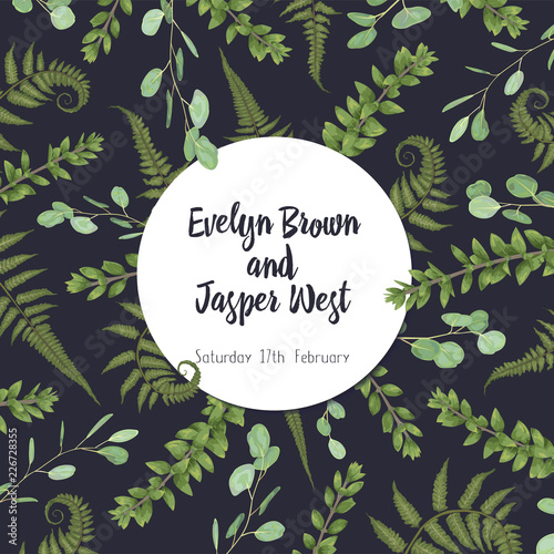 Wedding floral invitation, invite card. Vector watercolor set green forest fern, herbs, eucalyptus, branches boxwood, buxus. Natura, botanical green decorative round frame, border, circle