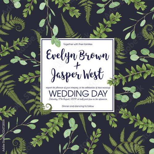 Wedding floral invitation, invite card. Vector watercolor set green forest fern, herbs, eucalyptus, branches boxwood, buxus. Botanical decorative frame, square