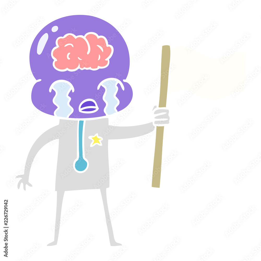 flat color style cartoon crying big brain alien waving a flag flat color style cartoon crying big brain alien waving a flag