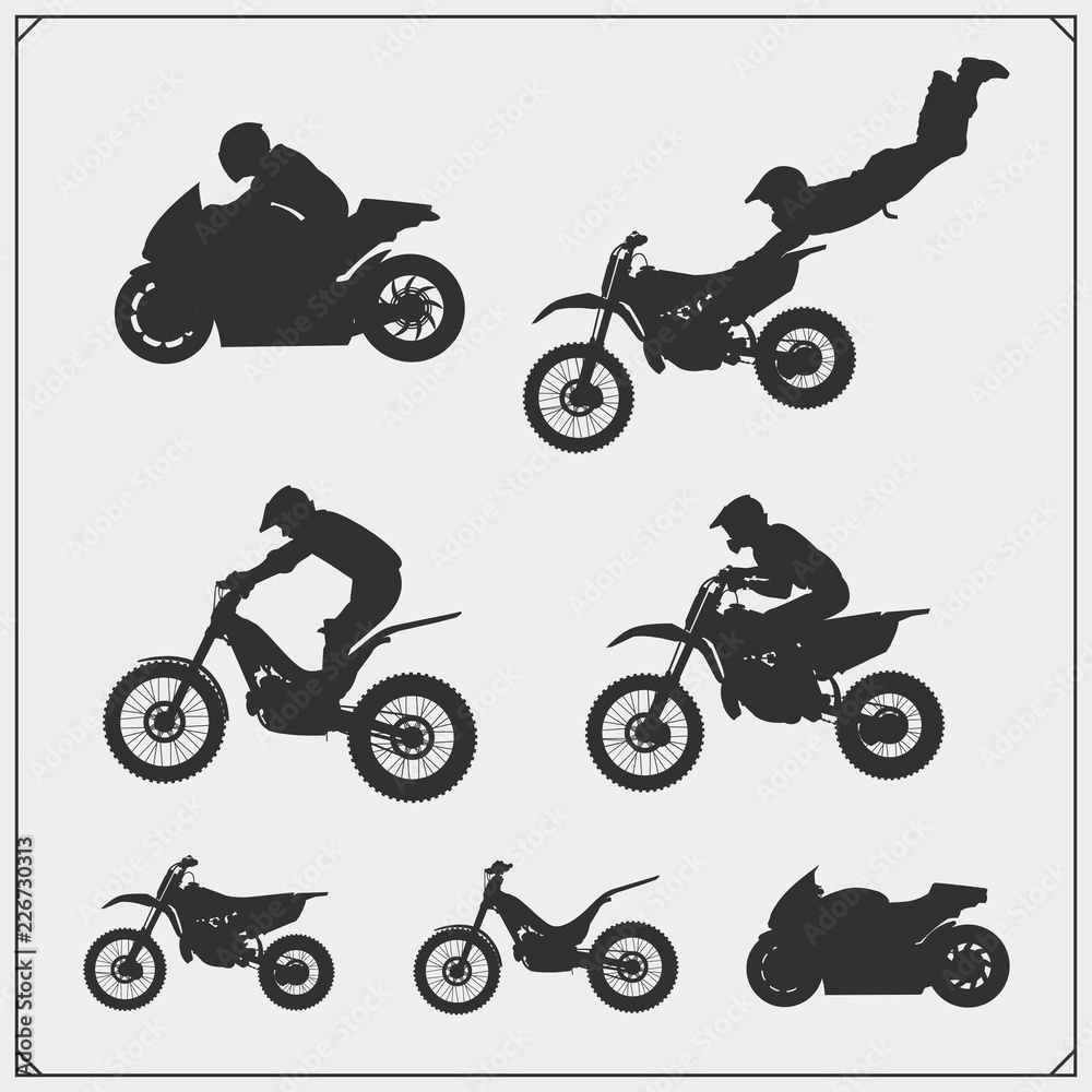Set of motor sport silhouettes, labels and emblems. Motocross jumping riders, moto trial, moto freestyle and motor racing.