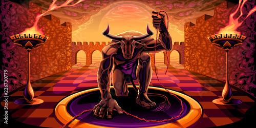 Minotaur in the labyrinth with a filament in his hand