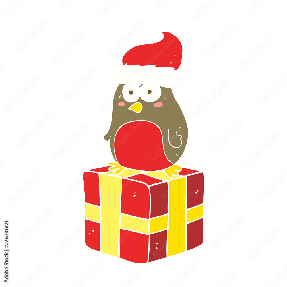 flat color illustration of a cartoon robin on present flat color illustration of a cartoon robin on present