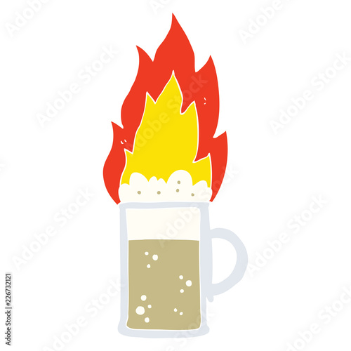 flat color illustration of a cartoon flaming tankard of beer
