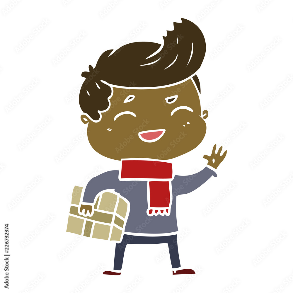 flat color style cartoon man laughing carrying parcel
