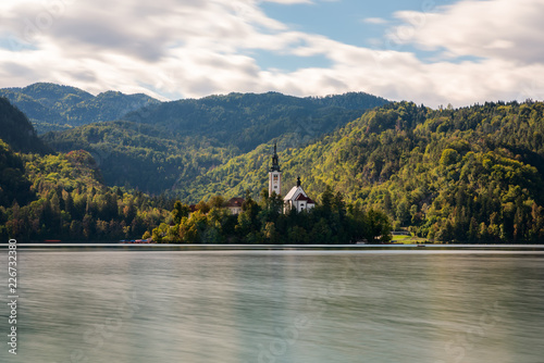 Lake Bled Slovenia. Beautiful mountain lake with small Pilgrimage Church. Most famous Slovenian lake and island Bled with Pilgrimage Church of the Assumption of Maria.