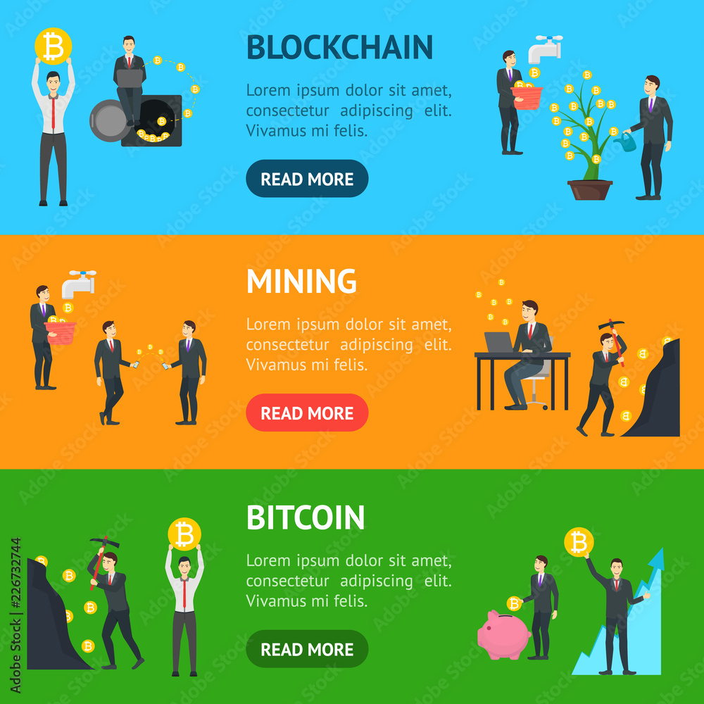 Fototapeta premium Cartoon Blockchain Concept Banner Horizontal Set. Vector