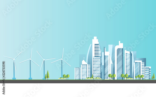 Eco-friendly housing complex - modern flat design style vector illustration on blue background. A cityscape with skyscrapers,