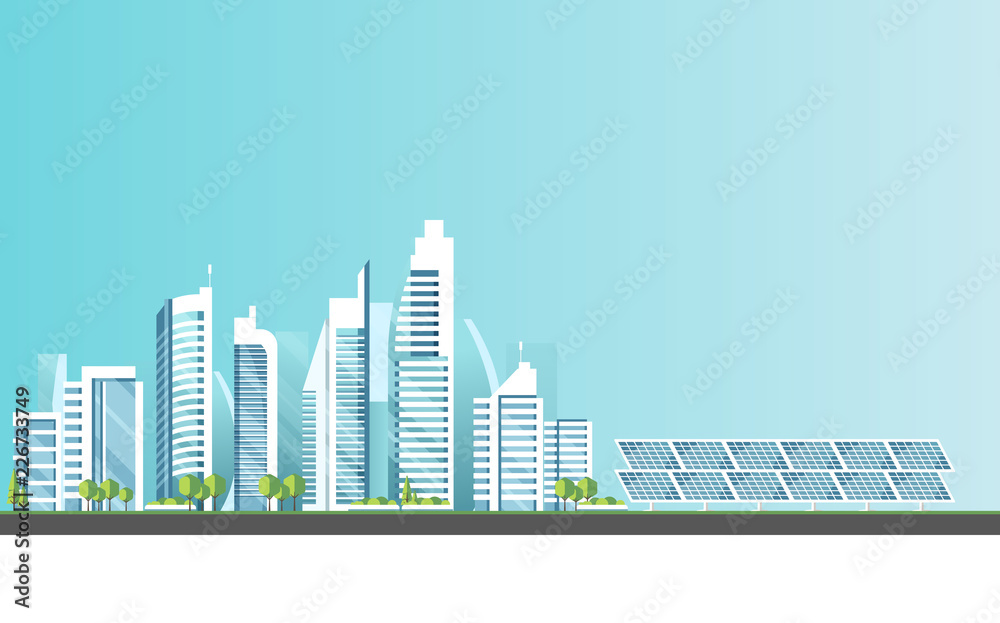 Eco-friendly housing complex - modern flat design style vector illustration on blue background. A cityscape with skyscrapers,