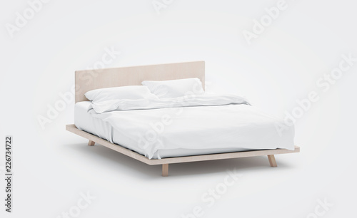 Fotografie, Obraz Blank white bed with pillows mockup, side view, isolated, 3d rendering