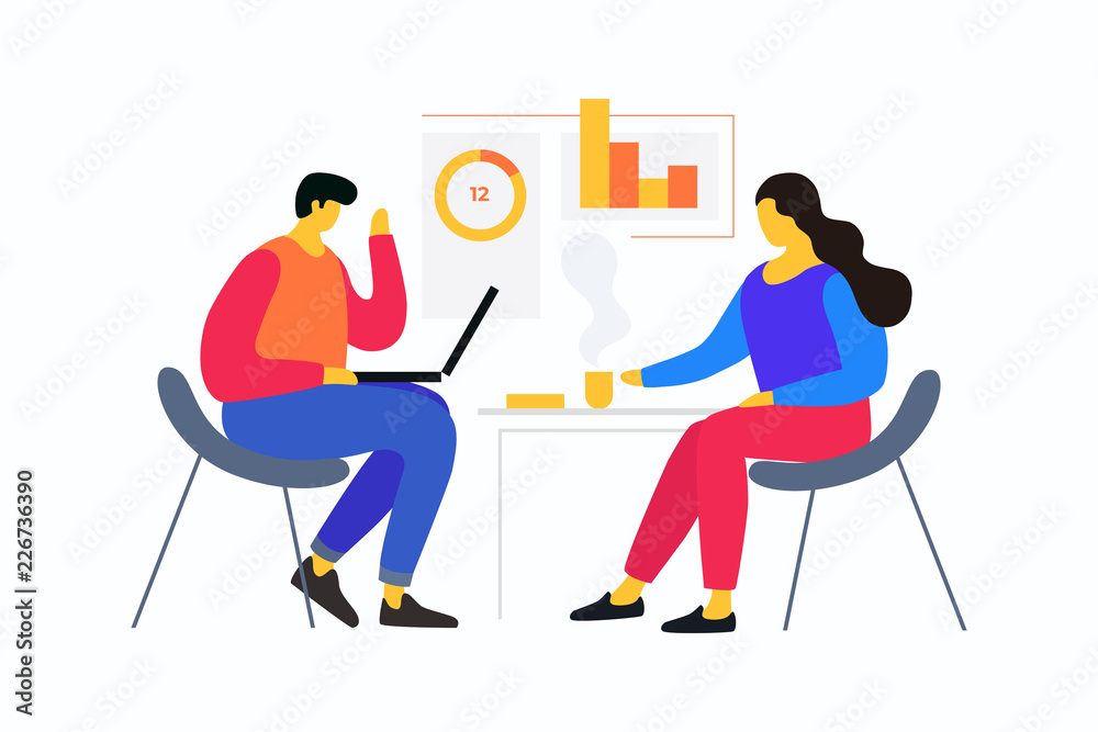Cartoon young people are working on planning the concept of a marketing  strategy project. Joint work in the company. Exchange of business ideas.  Teamwork. Vector illustration. Stock Vector | Adobe Stock
