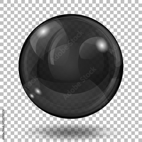 Big translucent black sphere with glares and shadow on transparent background. Transparency only in vector format