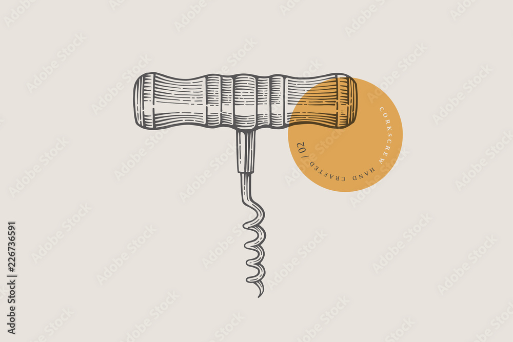 Hand drawn corkscrew illustration in engraving style on light background. Vector illustration. Vintage style. - obrazy, fototapety, plakaty 