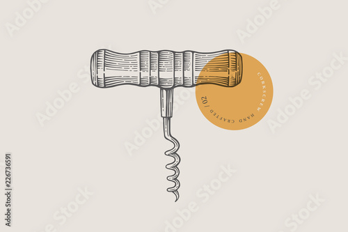 Hand drawn corkscrew illustration in engraving style on light background. Vector illustration. Vintage style. photo