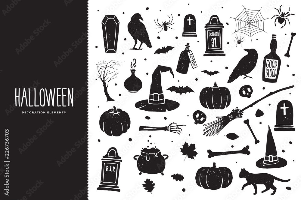 Naklejka premium Happy Halloween. Cartoon set of black holiday elements: raven, bones, pumpkin, tombstone, spider, cauldron with potion, cat. Halloween silhouettes. Vector illustration.