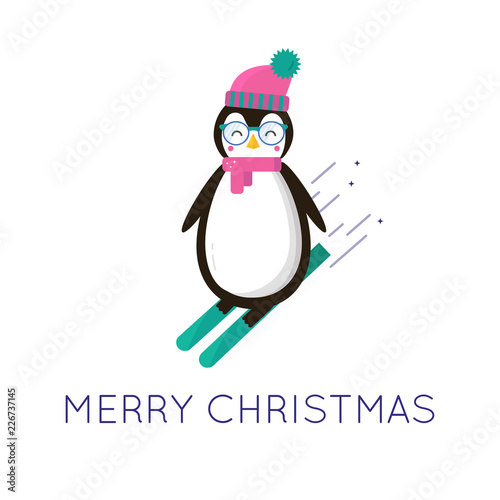 Merry Christmas greeting card, cute animals:  penguin with hat,  scarf, eyeglasses and skiing