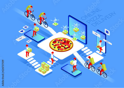 Couriers delivered hot pizza. A man on a bicycle  a boy on a gyro board. Drones delivering. Isometric 3d