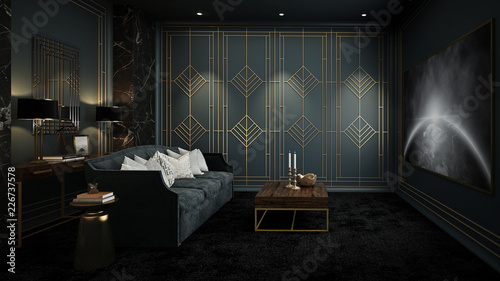 Home Theater room, Art Deco interior, 3D render