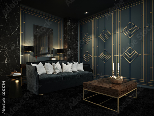 Sofa in home theater room, Art Deco interior, 3D render