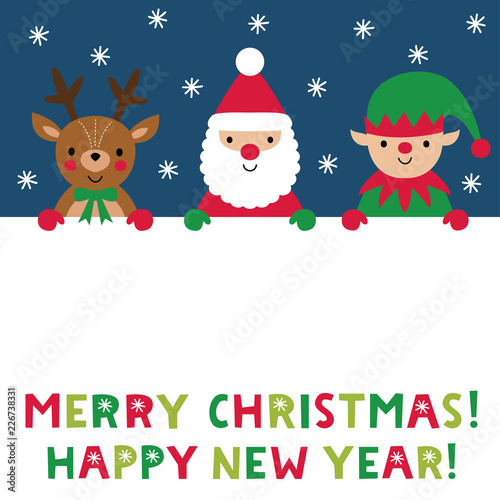 Christmas poster with Santa Claus, a reindeer and an elf