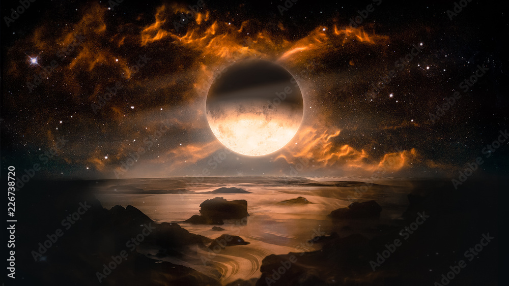 Fototapeta premium Krajobraz w fantazi obcej planecie z płomiennym księżyc i galaxy tłem. Elementy tego zdjęcia dostarczone przez NASA