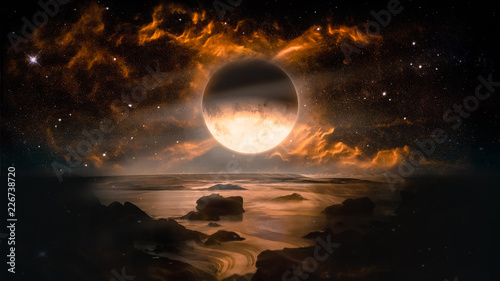 Landscape in fantasy alien planet with flaming moon and galaxy background. Elements of this image furnished by NASA