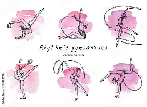 Vector illustration. Rhythmic gymnastics set. Girls gymnasts on watercolor background. Pen style vector sketch.