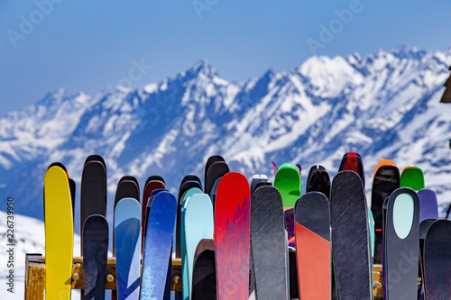 Fototapeta ski rack full of skis