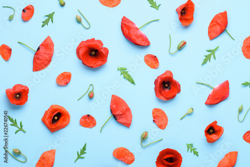 Fototapeta Naklejka Na Ścianę i Meble -  Poppy flowers pattern background top view flat lay