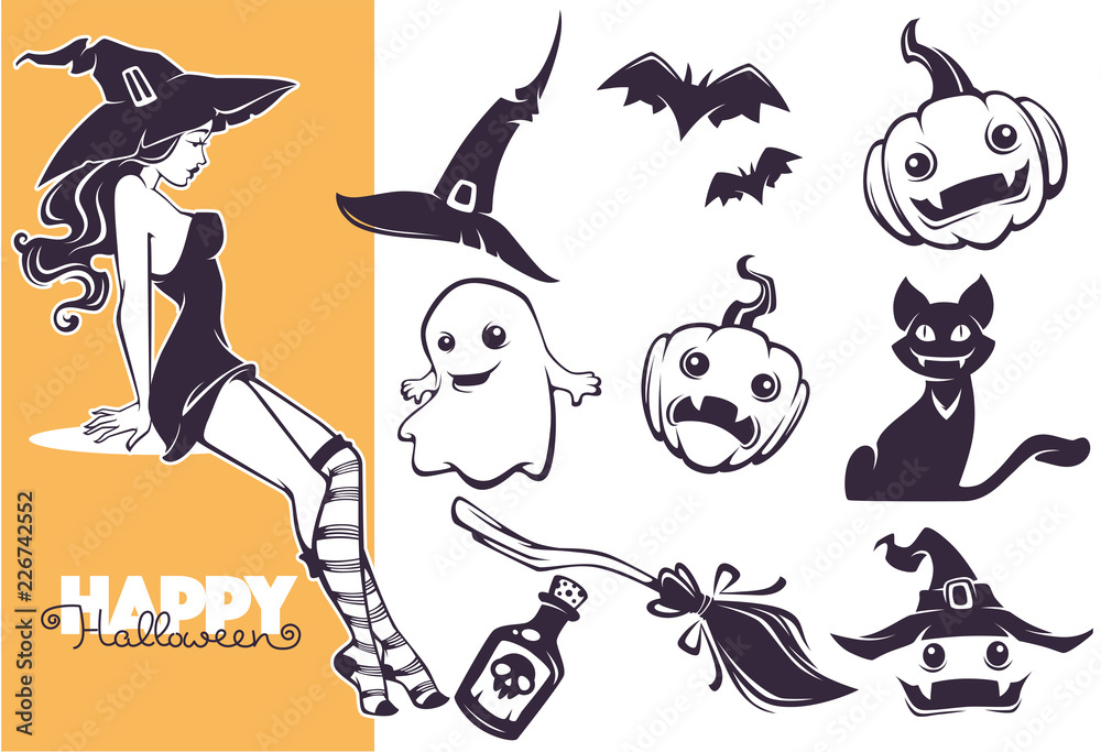 Fototapeta premium Happy Halloween line art objects collection for your greeting design