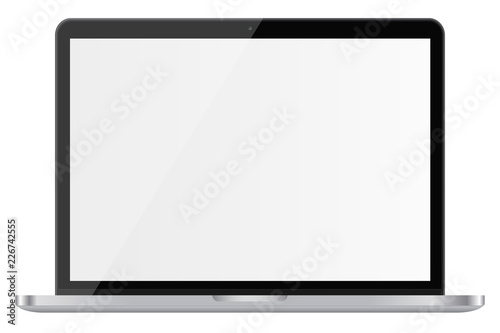 Glossy laptop with blank screen isolated on white background.