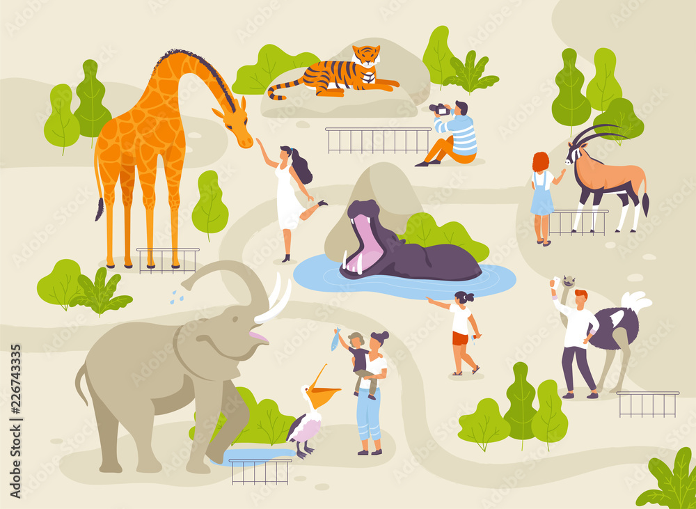 Zoo park with funny animals and people interacting with them vector flat  illustrations. Animals in zoo infographic elements with adults and children  cartoon characters walking in the park map creating Stock Vector |