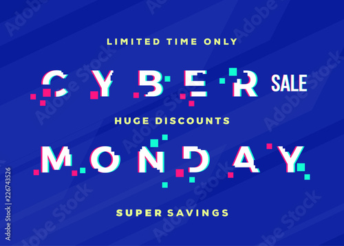 Cyber Monday Sale Abstract Vector Card, Flayer or Poster Template. Modern Typography, Pixels and Glitch Effect. Electronics Discount Offer Banner. Blue Digital Background