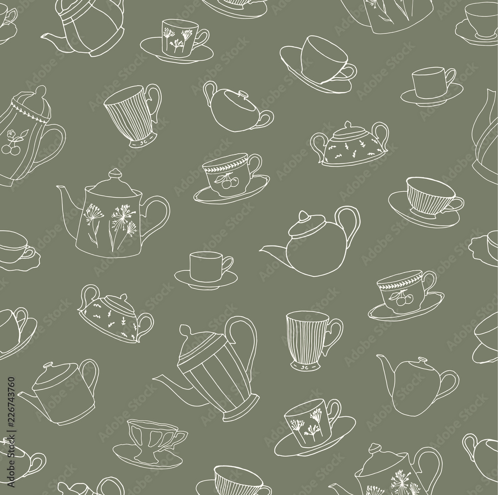 Vector illustration. Pen drawn tea pots , cups and sugar bowls. Porcelain hand drawn set. Seamless pattern.