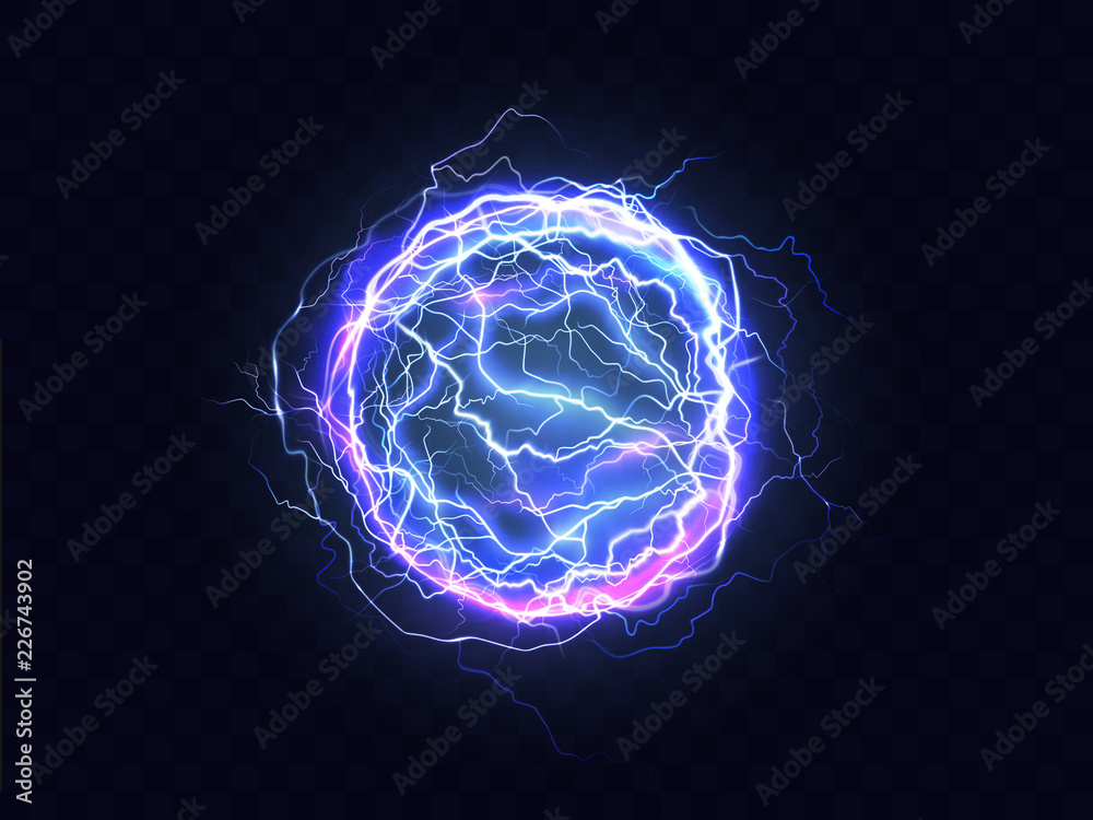 Powerful electrical discharge, lightning strike impact place realistic vector on transparent background. Ball lightning, magical effect design element. Electric energy flash sphere, pain nerve impulse