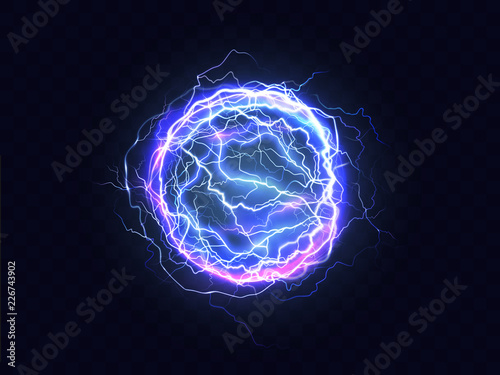 Murais de parede Powerful electrical discharge, lightning strike impact place realistic vector on transparent background
