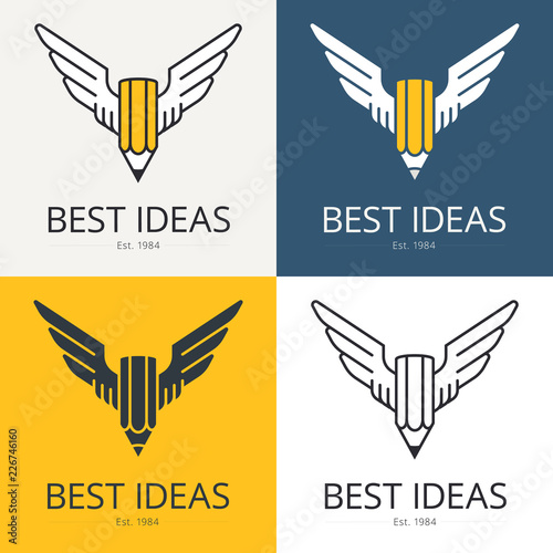 Pencil with wings, conceptual illustration for art, scripting, design themes. Logo template. Vector graphics.