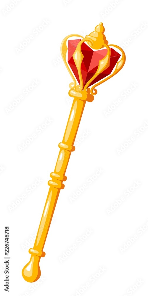 Royal scepter on a white background a symbol of monarchy a sign of power golden wand isolated object. Vector illustration of a golden rod with a ruby heart jewelry