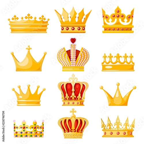 Set of golden crown monarchs on a white background. Isolated regalia of the king, queen, princess, prince. Subjects of coronation and power. Vector illustration