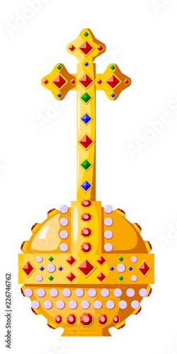 Tsarist attribute of power with precious stones and a cross on a white background. Golden object of the king and emperor, a symbol of power.  Royal orb. Vector illustration