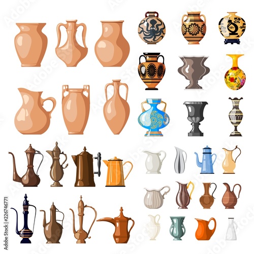 Large set of vessels for fluid. Amphoras, jugs, vases. Coffee maker. Earthen vessel Vector illustration of items on a white background