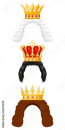 Wigs and royal crown with cartoon style on a white background. The hair of a princess, king, prince or grandee with a golden crown, the symbol of the monarch of power. Vector illustration