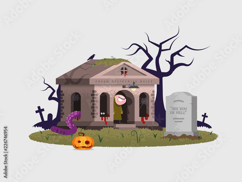 Halloween trick or treat spooky fun cartoon crypt in graveyard scene with pumpkin and gravestone