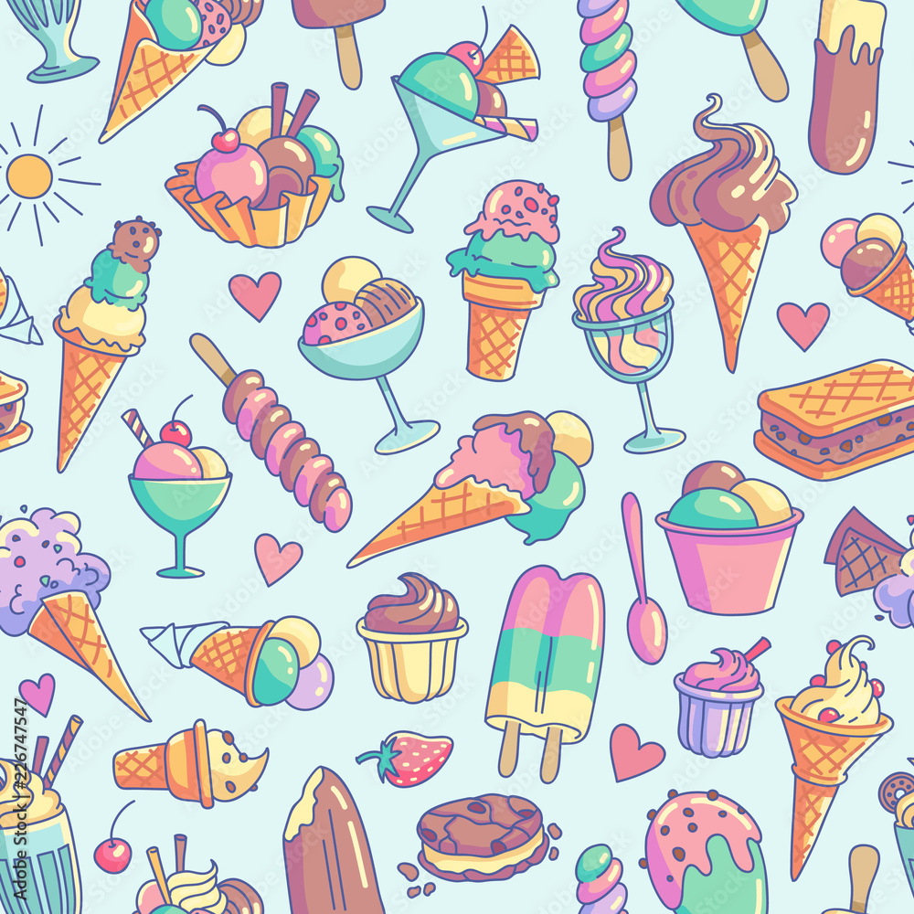 Fototapeta premium Ice Cream Seamless Pattern. Ice pop, snow cone, icecream sandwich, milkshake, sorbet, sundae, gelato, frozen yogurt, scoop.