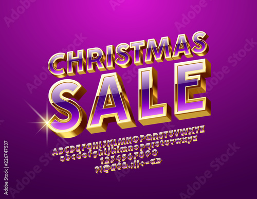 Vector bright Christmas Sale Emblem with set of Letters  Symbols and Numbers. Violet and Golden 3D Font.