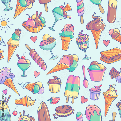 Ice Cream Seamless Pattern. Ice pop, snow cone, icecream sandwich, milkshake, sorbet, sundae, gelato, frozen yogurt, scoop.