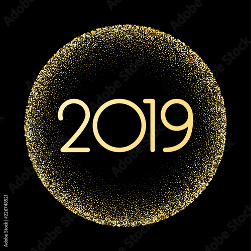 Golden shiny 2019 New Year sign on black.